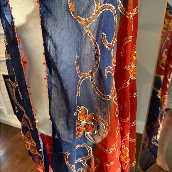 Floral Embroidered Scarf in Red and Blue Large 69”x 33” - Picture 4 of 13